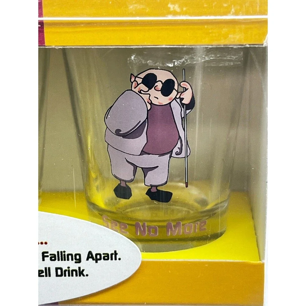 Vtg '03 Shot Glasses Set Funny Retirement Aging Gift Hear Speak See No More NIB